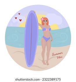 Redhead woman with a sailboard colorful illustration