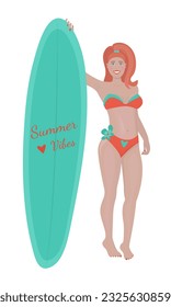 Redhead woman with a sailboard colorful illustration