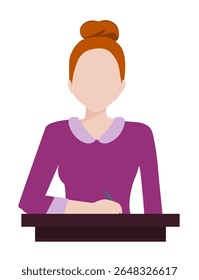 Mulher ruiva sentada em uma escrivaninha, segurando uma caneta e escrevendo no papel. Ela está vestida com roupas inteligentes e modernas, e seu cabelo em um pão, com sua postura sugerindo foco e produtividade.