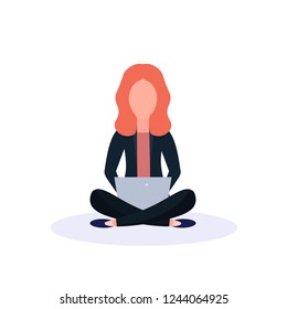 redhead woman sitting pose using laptop isolated female faceless cartoon character flat