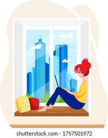 Redhead woman sitting windowsill with laptop device, modern remote workplace, female freelancer job from home place isolated on white, cartoon vector illustration. Big window urban city background.