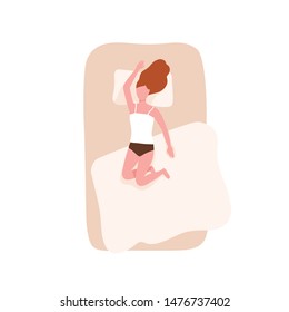 Redhead woman sleeping on her back on comfortable bed. Female character relaxing during night slumber. Young girl napping on cozy mattress in bedroom. Top view. Flat cartoon vector illustration.