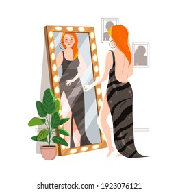 Redhead Woman Standing in Front of the Mirror at Home Dressing Up Vector Illustration