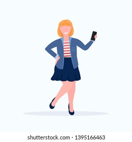 redhead woman taking selfie photo on smartphone camera female cartoon character posing on white background flat full length