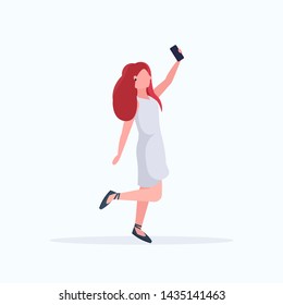 redhead woman taking selfie photo on smartphone camera casual female cartoon character posing white background flat full length