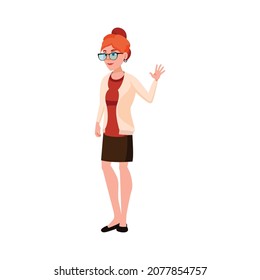 redhead woman teacher greeting pupils at school cartoon vector. redhead woman teacher greeting pupils at school character. isolated flat cartoon illustration