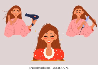 Redhead woman washed her hair and made a styling hair and dressed in red. Isolated vector illustrations.