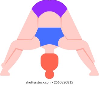 Redhead woman wearing blue and purple sportswear practicing yoga in a wide legged forward bend A frame pose, promoting flexibility, balance, and mindfulness