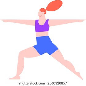 Redhead woman wearing blue shorts and purple top practicing Virabhadrasana yoga pose with arms and legs outstretched, promoting physical and mental wellbeing