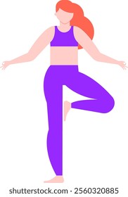 Redhead woman wearing purple sportswear practicing yoga in tree pose, promoting physical and mental well being through mindful movement and balance training