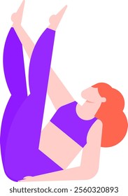 Redhead woman wearing purple sportswear practicing yoga with legs up and arms stretched out, promoting health and wellness through physical activity