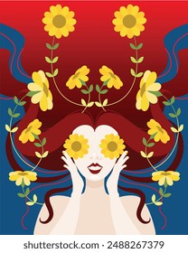 A redhead woman with yellow daisies, flat flower, Colorful illustration 