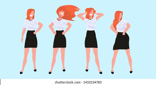 redhead women standing different poses casual female cartoon characters smiling girls posing collection flat full length horizontal vector illustration