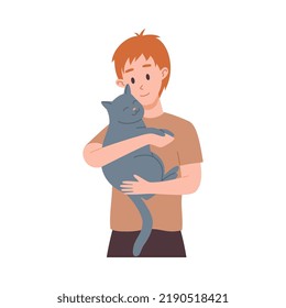 Redhead young boy hugging big gray cat flat style, vector illustration isolated on white background. Relationship of owner and pet, friendship, love and care