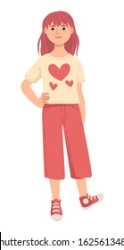 Redhead young girl standing. Schoolgirl wearing red culottes shorts, heart printed t-shirt and keds. Kid attending primary school, early teen years, childhood. Vector illustration on white background.