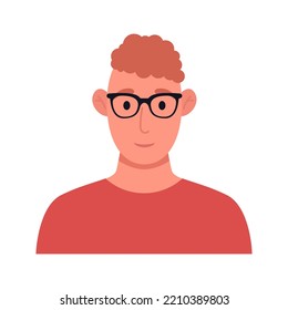 Redhead young man in glasses in red t-shirt. Male character icon. Vector flat illustration.