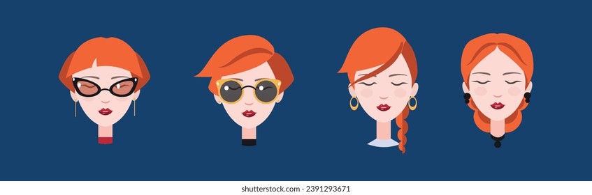 Redhead Young Woman Head and Avatar with Different Hairstyles Vector Set