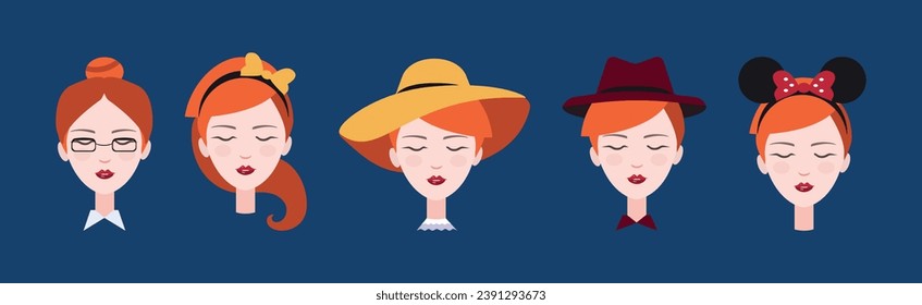 Redhead Young Woman Head and Avatar with Different Hairstyles Vector Set