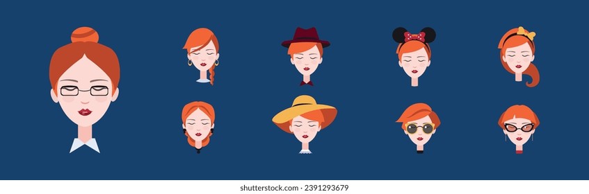 Redhead Young Woman Head and Avatar with Different Hairstyles Vector Set