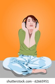 Redhead young woman in headphones with copy space