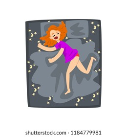 Redhead young woman sleeping in her bed, girl relaxing at night, top view vector Illustration on a white background