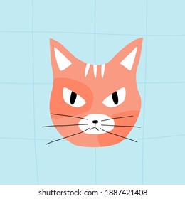 Red-headed angry cat. Head of ginger angry cat with big angry eyes. Cat head cartoon on a blue background. Doodle illustration vector.