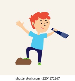 The redheaded boy with the spyglass. Child character isolated on white background. Hand drawn illustration