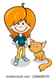 Red-headed boy standing and red dog sitting. Vector illustration.