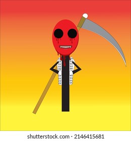 red-headed cartoon character holding a long sickle