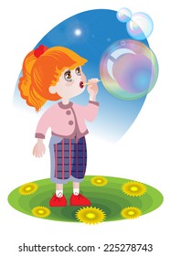 Redheaded girl blows bubbles on the lawn