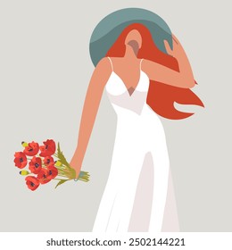 Redheaded girl with hat, looking up, with bouquet of poppies, girl power, mom's day, mother's day, romantic, symbol of femininity. Vector hand drawn illustration.