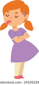 Redheaded girl with pigtails in a purple dress pouting. Young child showing displeasure, arms crossed. Cute toddler upset, behavior concept vector illustration.