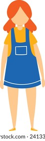 Redheaded girl standing in blue dress and yellow shirt. Caucasian young female, casual clothing style. Modern fashion and youth style vector illustration.