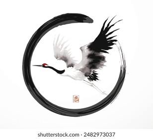 Red-headed japanese crane in in black enso zen circle on white. Traditional Japanese ink wash painting sumi-e. Hieroglyph - wind.