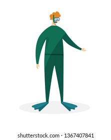 Redheaded Man Scuba Diver in Green Swimming Suit, Flippers and Mask Isolated on White Background. Snorkeling Diving Profession. Full Length Male Character. Water Sport Cartoon Flat Vector Illustration