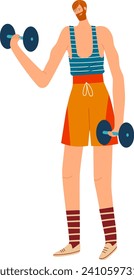 Redheaded muscular man in vintage gym clothing lifting dumbbells. Retro athlete in striped tank top exercising. Strength training and bodybuilding vector illustration.