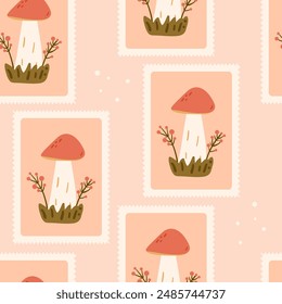 Red-headed mushrooms checked seamless pattern. Bento box repeat background. Autumn forest harvest retro stamps endless design. Vector hand drawn illustration.