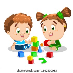 Redheaded smiling brother and sister playing with colorful building blocks, cubes. Concept of children friendship, pastime, leisure, careless childhood. Cartoon clipart isolated on white background.