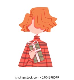 Redheaded Teenager vector. Teen holding a gift. Portrait of a young man, girl gives a present flat illustration. Shopping on sale days