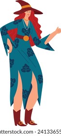 Redheaded witch in blue floral dress and wide-brimmed hat gesturing thumbs up. Friendly sorceress, magical woman smiling, fantasy character vector illustration.