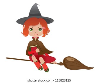 redheaded witch with a magic book flying on her broom. vector illustration