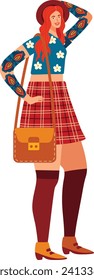 Redheaded woman in fashionable outfit with plaid skirt and floral blouse posing confidently. Stylish female with shoulder bag and hat, casual fashion. Confident trendy lady, street style vector