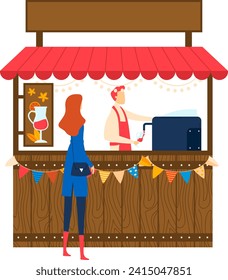 Redheaded woman ordering at outdoor festival bar with male bartender serving. Casual leisure day, street market scene. Vendor and customer interaction, social event vector illustration.