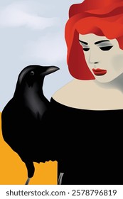 A redheaded woman poses with a crow.