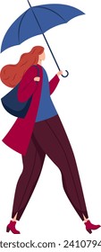 Redheaded woman walking with blue umbrella, casual style, windy weather. Modern female lifestyle, autumn fashion vector illustration.