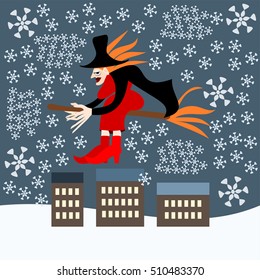 redheaded woman witch Befana sitting on a broomstick flying over the city during a blizzard - Italian folk Epiphany tradition