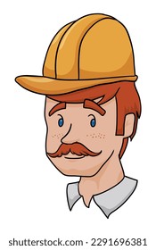 Redheaded worker face with mustache, freckles and yellow hard hat in cartoon style on white background.