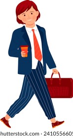 Redheaded young businesswoman walking with coffee and briefcase. Confident female professional in stylish outfit heading to work. Career woman on the go vector illustration.