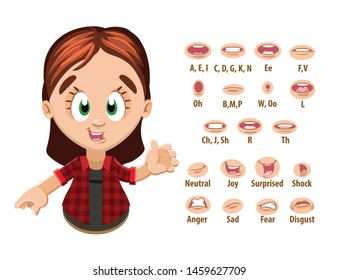 Redheaded young woman in checked shirt shows to set of mouth, teeth positions. Lip sync emotions collection. Can be used for animation. Cartoon vector illustration isolated on white.