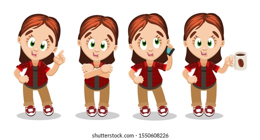 Redheaded young woman pointing with finger to something, standing crossing arms on breast, speaking by smartphone, keeping cup and drinking coffee. Cartoon vector set isolated on white background.